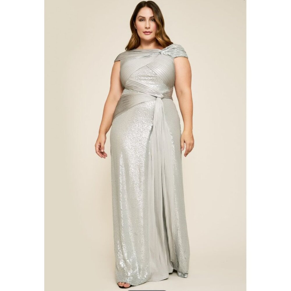 MSRP $598 Parma Draped Silver Sequin Gown Tadashi Shoji